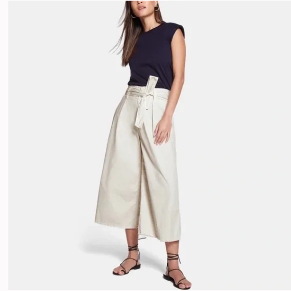 Nili Lotan Ellie Twill Wide Leg Paper Bag Waist Cropped Pants in Ivory 4